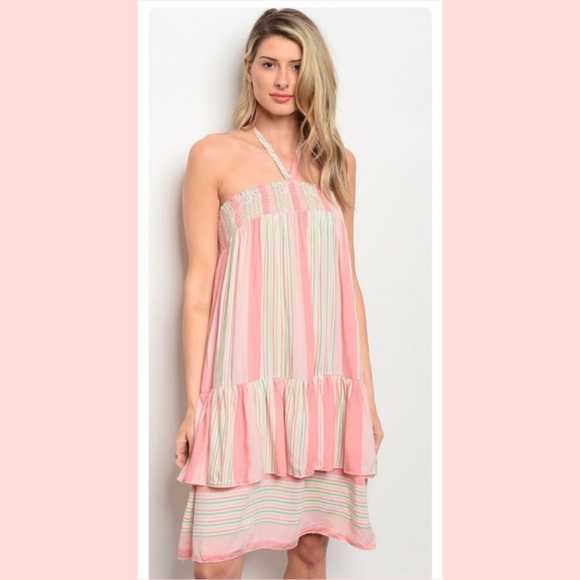 Pink & Green Tiered Halter Multi Dress - Picture 2 of 13